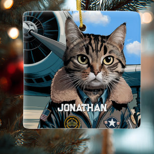 Luchtvaart Kat Piloot en Vliegtuig Grappige Maatwe Keramisch Ornament