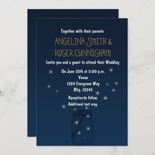 Lucioles Mason Jar Faire-part de mariage bleu rust (Devant / Derrière)