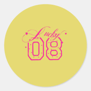 Lucky 08 Roze Neon Typografie Ontwerp Ronde Sticker