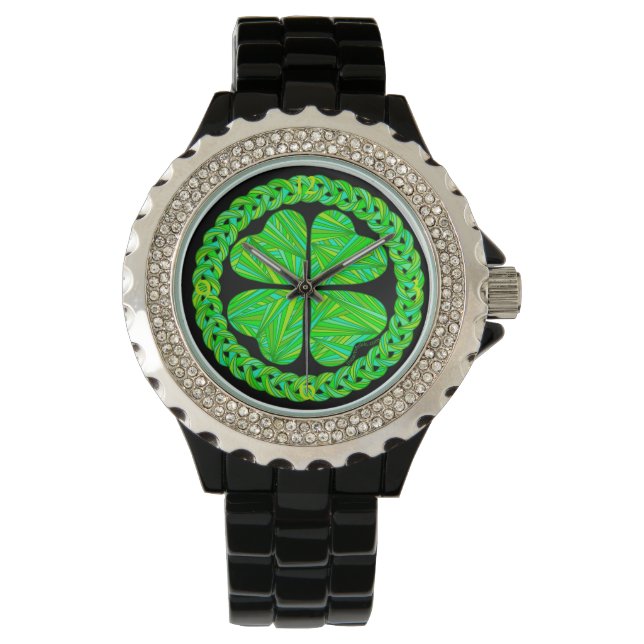 Lucky 4 Leaf Clover Celtic Shamrock Mode Horloge (Voorkant)