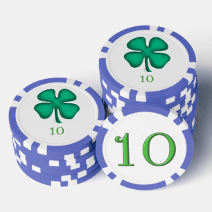 Lucky 4 Leaf Irish Clover blu 10 streep poker chip