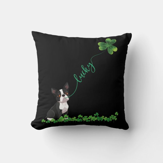 Lucky Boston Terrier Dog Shamrock St Patrick day T Kussen (Voorkant)