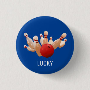 Lucky bowling op blauw ronde button 3,2 cm