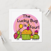 Lucky Bug Cupcake 4e verjaardag T-shirts en gesche Kaart (Voorkant / Achterkant in situ)