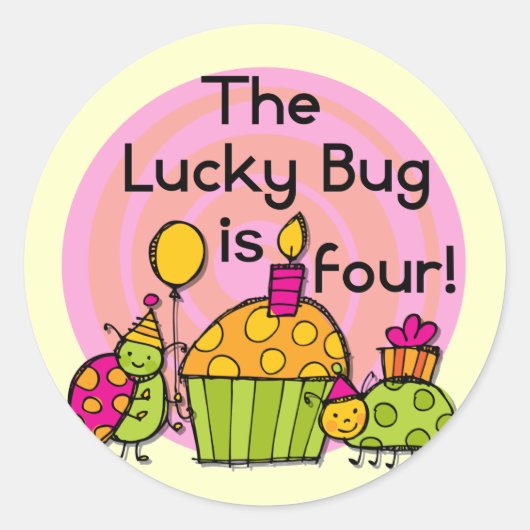 Lucky Bug Cupcake 4e verjaardag T-shirts en gesche Ronde Sticker (Voorkant)