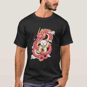 Lucky Cat en Dragon Oosters Gelukssymbool Japane T-shirt