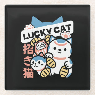 Lucky Cat Kunst – Maneki Neko met Gouden Munt Glazen Onderzetter