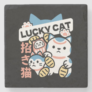 Lucky Cat Kunst – Maneki Neko met Gouden Munt Stenen Onderzetter