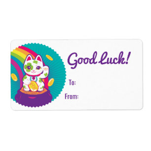 Lucky Cat Maneki Neko Good Luck Pot of Gold Etiket