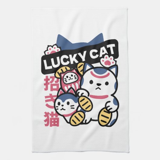 Lucky Cat Maneki Neko – Japanese Fortune Cat  Theedoek (Verticaal)
