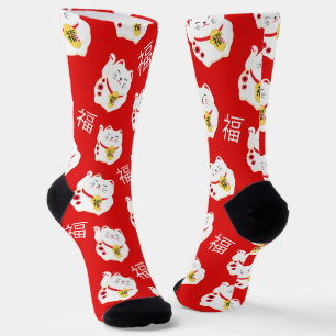 Lucky Cat Rood en Wit Patterned Sokken