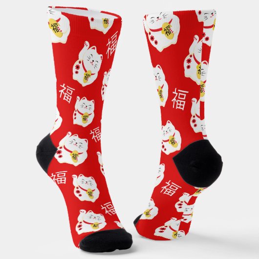 Lucky Cat Rood en Wit Patterned Sokken (Gebogen)