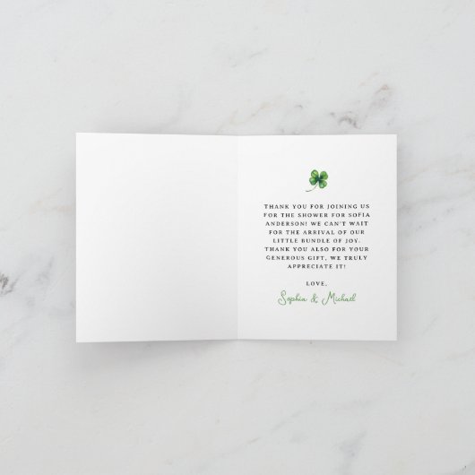 Lucky Charm Baby shower Shamrock bedankkaart (Binnen)
