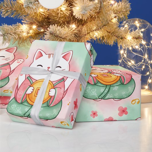 Lucky Charm Cats – Prosperity in Pastel Pattern Cadeaupapier (Feestdagen)
