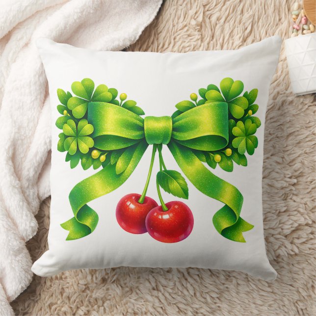 Lucky Clover Bow with Cherries Green Design Kussen (Deken)
