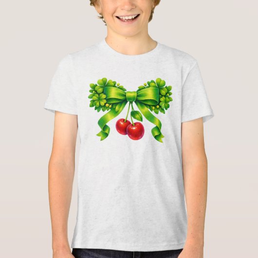 Lucky Clover Bow with Cherries Green Design Tri-Blend Shirt (Voorkant)