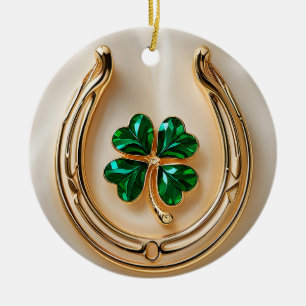 Lucky Clover met Goud Hoefijzer Keramisch Ornament