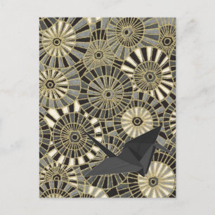 Lucky Crane Gold Japanse waaierpatroon Briefkaart