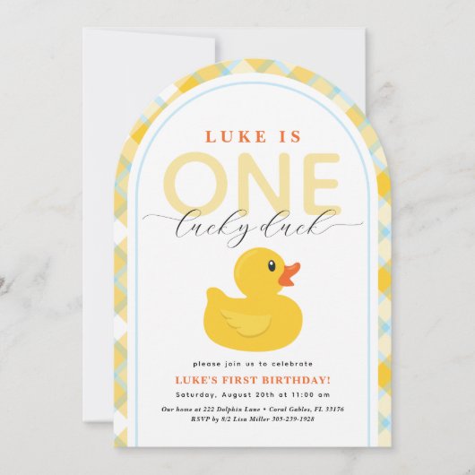 Lucky Duck Eerste Verjaardag Boog Uitnodiging (Voorkant)
