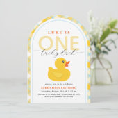 Lucky Duck Eerste Verjaardag Boog Uitnodiging (Staand voorkant)