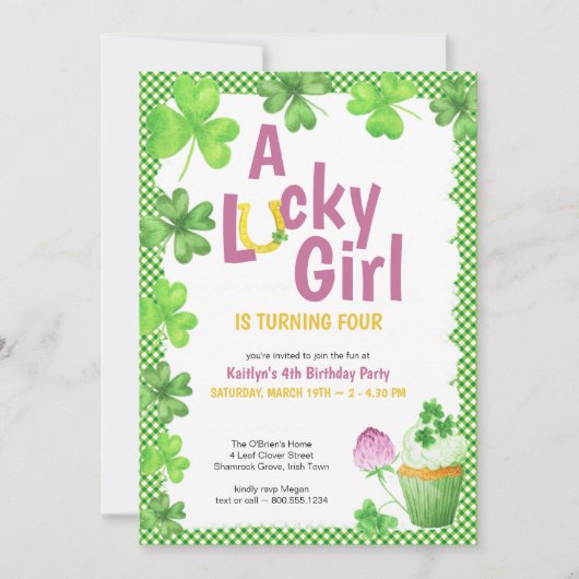 Lucky Girl Shamrock en Muffin Birthday Party Invi Kaart (Voorkant)