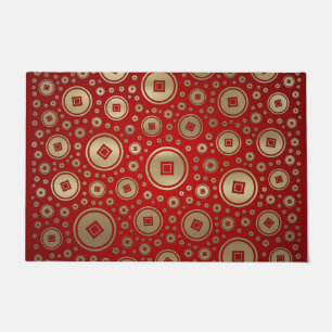 Lucky Gold Chinese munten patroon op rood Deurmat
