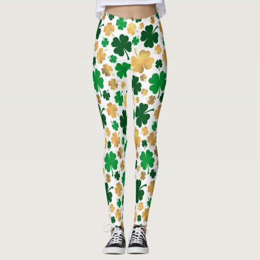 Lucky Gold Foil Vier Leaf Clover Shamrock Pattern Leggings (Voorkant)