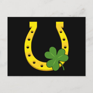 Lucky Golden Hoefijzer met Shamrock op Black Feestdagenkaart