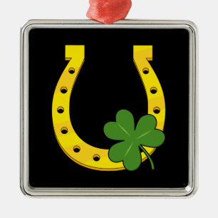 Lucky Golden Hoefijzer met Shamrock op Black Metalen Ornament