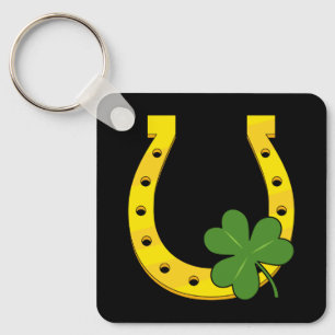 Lucky Golden Hoefijzer met Shamrock op Black Sleutelhanger