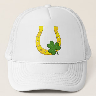 Lucky Golden Hoefijzer met Shamrock op Black Trucker Pet