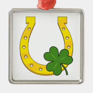 Lucky Golden Hoefijzer met Shamrock op White Metalen Ornament