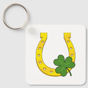 Lucky Golden Hoefijzer met Shamrock op White Sleutelhanger