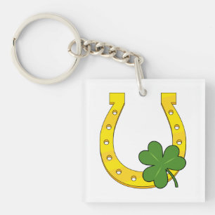 Lucky Golden Hoefijzer met Shamrock op White Sleutelhanger