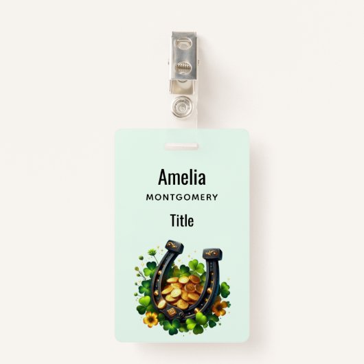 Lucky Hoefijzer gouden munten en klaver Badge (Voorkant met clip)