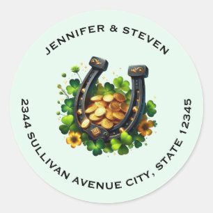 Lucky Hoefijzer gouden munten en klaveradres Ronde Sticker