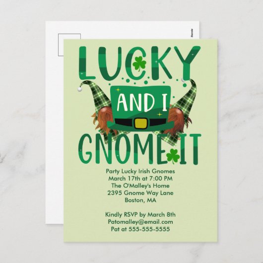 Lucky I Gnome It St patrick Party Invitation Carte (Devant / Derrière)