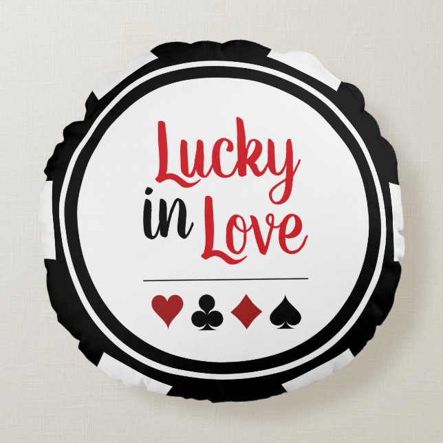 Lucky in Love Black White Poker Chip Rond Kussen (Voorkant)