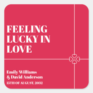 Lucky in Love Crimson Red Four Leaf Bruiloft Vierkante Sticker
