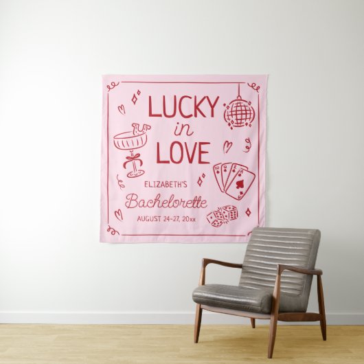 Lucky in Love grillige hand getrokken Bachelorette Wandkleed (In situ)