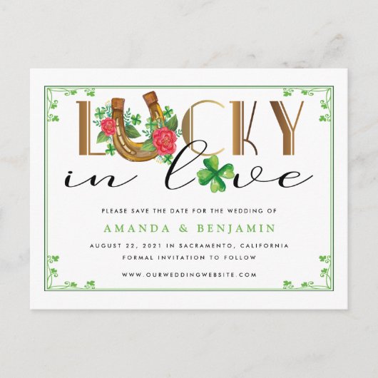 Lucky In Love Hoefijzer en Shamrock slaan de datum Briefkaart (Voorkant)