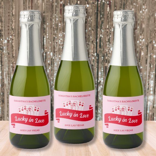 Lucky In Love Levendige Roze & Rode Bachelorette Sparkling Wijnetiket
