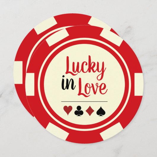 Lucky In Love Poker Chip Rood Gebroken Wit Bruilof Kaart (Voorkant / Achterkant)