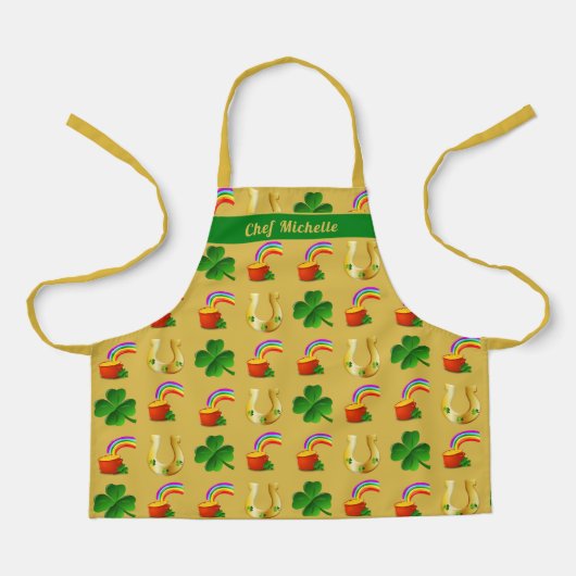Lucky Irish Chef Personalized Gold Green Apron Schort (Voorkant)