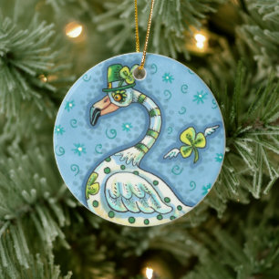 LUCKY IRISH POLKA DOT FLAMINGO, FUNNY BIRD 2021 KERAMISCH ORNAMENT