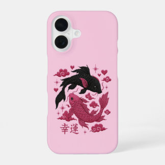 Lucky Koi Yin-Yang Borduurwerk | Zwarte & Roze Est iPhone 16 Hoesje