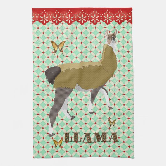 Lucky Llama & Butterfly Retro  keukenhanddoeken (Verticaal)