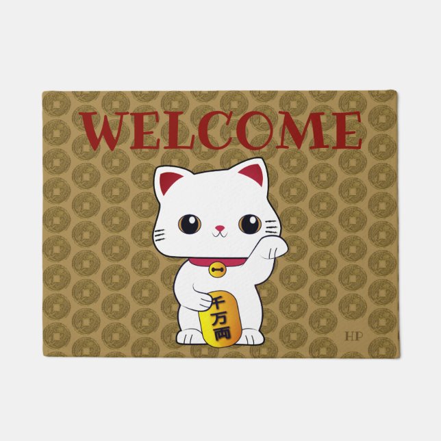 Lucky Maneki-neko Cat aangepast monogram welkom Deurmat (Voorkant)
