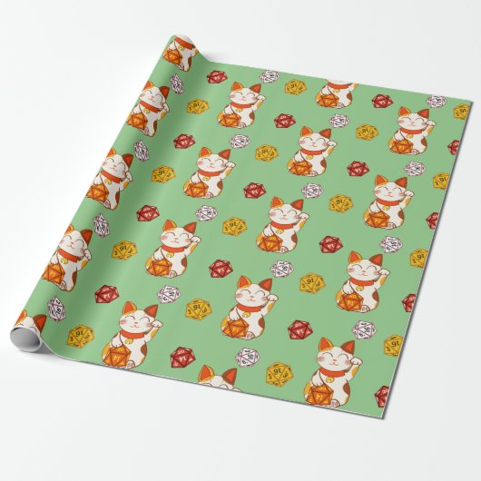 Lucky Maneki-neko Gamer Pattern met D20 Dice Cadeaupapier (Uitgerold)