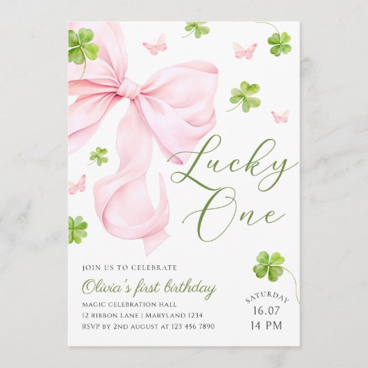 Lucky One Pink Bow 1st Birthday Invitation (Devant)